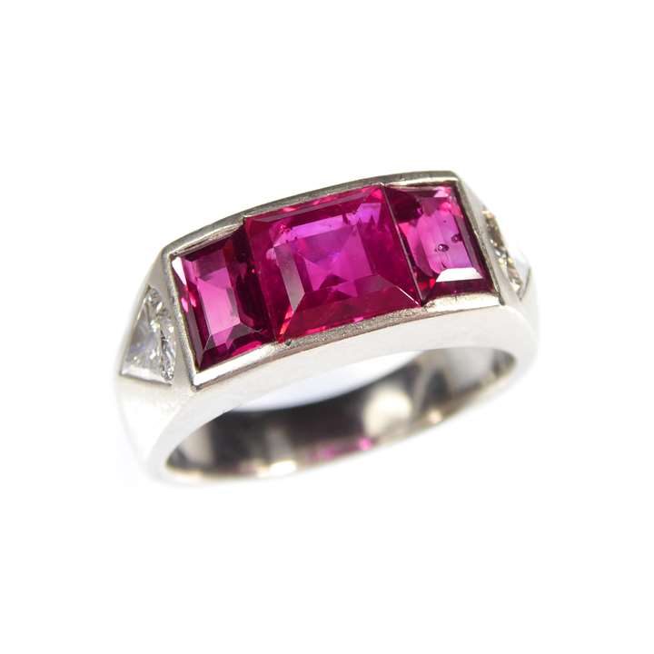 Art Deco three stone Burma ruby and diamond ring